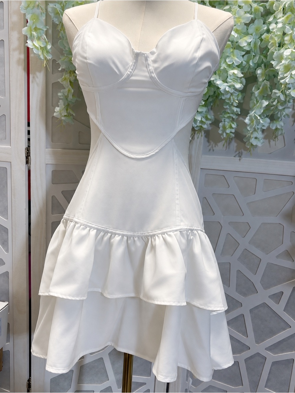White Spaghetti-Strap Ruffle Hem Dress